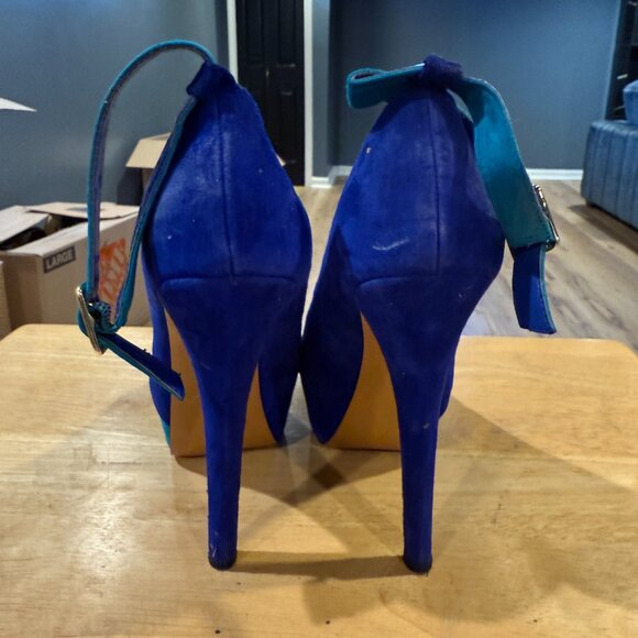 Halston Royal Blue Suede Peep Toe Heels – Size 6 – 5.5” Showstoppers - Picture 3 of 4
